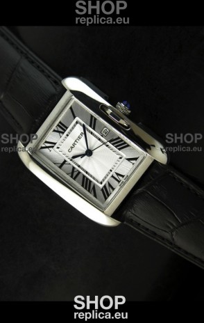 Cartier Tank Ladies Replica Watch in Steel Case/Black Strap