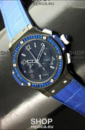 Hublot Big Bang All Black Edition in Purple Strap and Baguette Diamonds Bezel