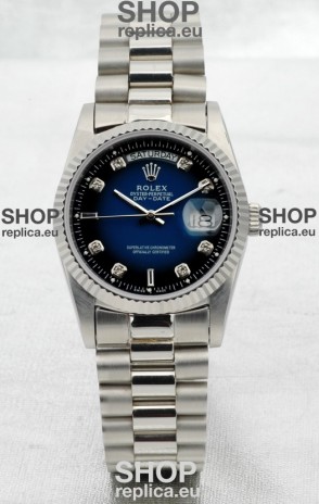 Rolex Day Date Silver Japanese Replica Watch in Blue Dial