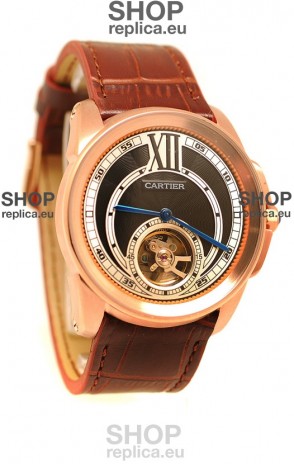 Calibre de Cartier Flying Tourbillon Japanese Replica Rose Gold Watch in Black Dial
