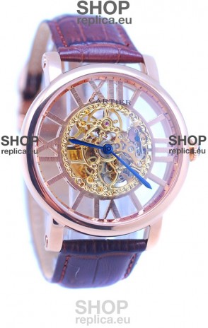 Ronde De Cartier Skeleton Rose Gold Japanese Watch 