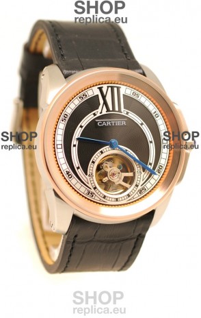 Calibre de Cartier Flying Tourbillon Japanese Replica Rose Gold Watch in Black Dial