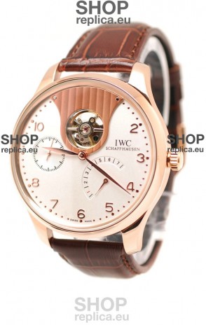 IWC Portuguese Tourbillon Mystere Japanese Replica Rose Gold Watch in White Dial