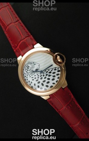 Ballon De Cartier Watch in Brown Leather Strap Leopard Dial