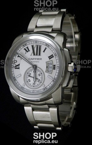 Cartier Calibre de Japanese Replica Steel Watch in White Dial