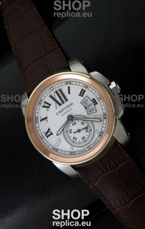Cartier Calibre de Japanese Replica Steel Watch in Brown Leather Strap