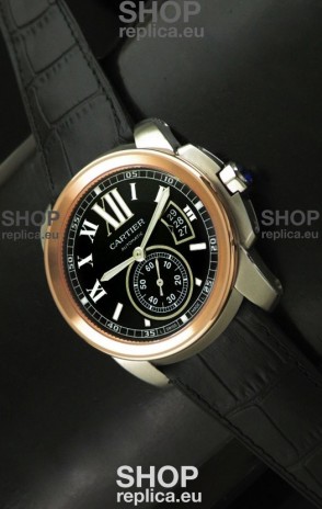 Cartier Calibre de Japanese Replica Rose Gold Watch in Leather Strap