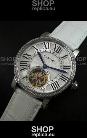 Cartier Ronde de Tourbillon Japanese Replica Diamond Watch in White Strap