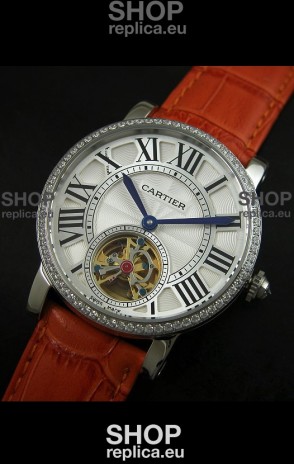 Cartier Ronde de Tourbillon Japanese Replica Diamond Watch in Brown Strap