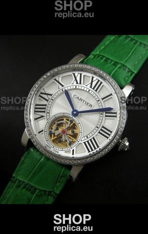 Cartier Ronde de Tourbillon Japanese Replica Diamond Watch in Green Strap