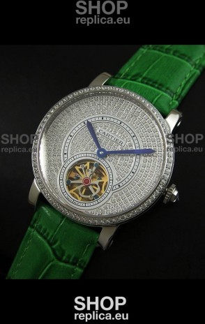 Cartier Ronde de Tourbillon Japanese Replica Diamond Watch in Green Strap