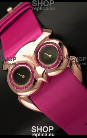 Chopard Animal World Ladies Owl Black Dial Watch in Pink Strap