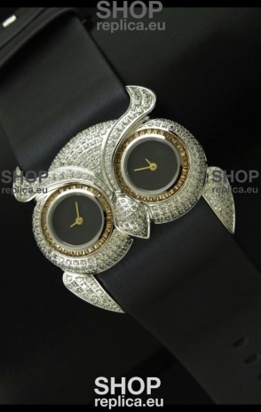 Chopard Animal World Ladies Owl Black Full Diamond Watch in Black Double Eyes Dial