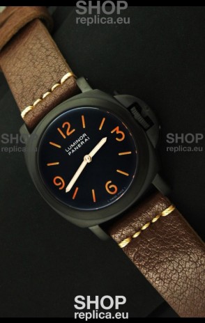 Panerai Luminor Marina Black Seal PVD Swiss Watch in Dark Brown Strap