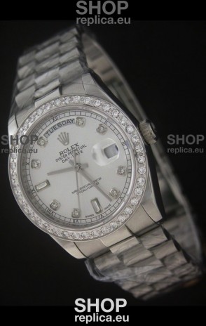 Rolex Day Date Just Japanese Replica Watch in Full Diamond Bezel