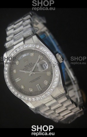 Rolex Day Date Just Japanese Replica Grey Watch in Full Diamond Bezel