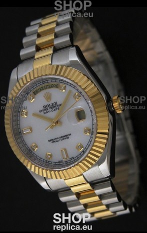 Rolex Day Date Just Japanese Replica Two Tone Gold Watch in Mop White Dial