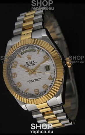 Rolex Day Date Just swiss Replica Two Tone Gold Watch in White Stripe Pattern Dial