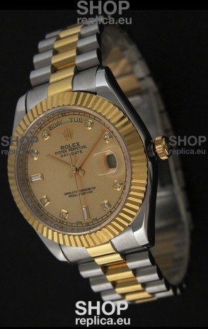 Rolex Day Date Just Japanese Replica Two Tone Gold Watch in Golden Dial