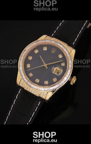 Rolex DateJust Swiss Mens Replica Yellow Gold Watch in Black Mother of Pearl Dial