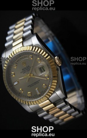 Rolex Day Date Just Japanese Replica Two Tone Gold Watch in Golden Dial