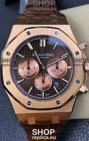 Audemars Piguet Royal Oak Chronograph Rose Gold Brown Dial Leather Strap Swiss Replica Watch