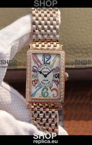 Franck Muller Long Island Pink Gold Swiss Watch in Swiss Quartz Movement Diamonds Bezel