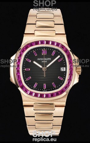 Patek Philippe Nautilus 5711 Black Dial 1:1 Mirror Replica in Rose Gold 904L Steel with Rubies Bezel