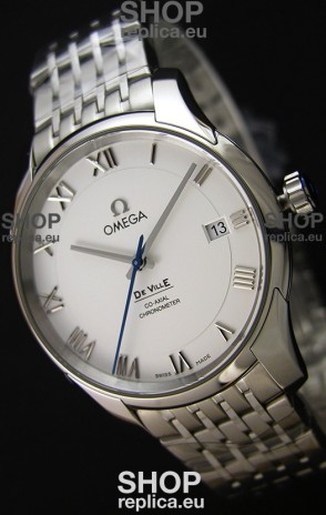Omega De-Ville Annual Calendar Steel Strap Swiss Replica Watch 1:1 Mirror Edition in White Dial