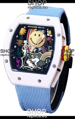 Richard Mille RM088 Smiley Tourbillon White Ceramic Casing Blue Nylon Strap Replica Watch 