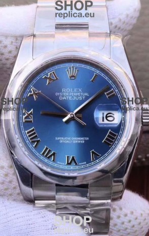 Rolex Datejust 36MM Cal.3135 Movement Swiss Replica Watch in 904L Steel Casing in Blue Roman Dial