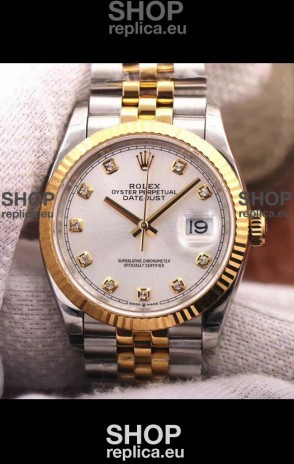 Rolex Datejust 36MM Cal.3135 Movement Swiss Replica Watch in 904L Steel Two Tone Casing Silver Dial