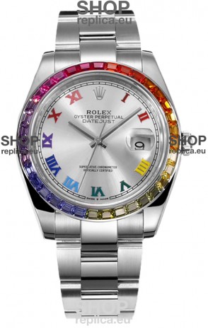 Rolex Datejust 41MM Swiss Replica Watch - 904L Steel in Rainbow Bezel 