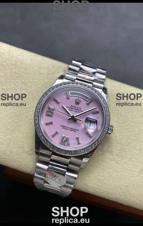 Rolex Day Date Super Clone Stainless Steel Pink Dial Diamonds Numerals Watch 36MM - 1:1 Mirror Quality