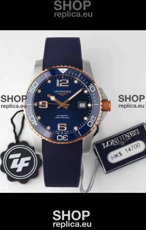Longines HydroConquest 1:1 Swiss Replica Watch in Blue Dial Rubber Strap Rose Gold Bezel