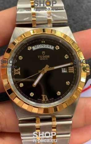 Tudor Royal Edition Watch - 1:1 Mirror Replica in Two Tone Casing - Black Diamonds Dial