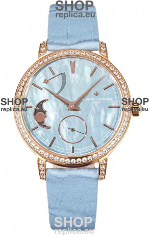 Vacheron Constantin Traditionelle Moon Phase Blue Mother of Pearl Dial in Rose Gold Swiss Replica