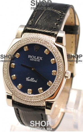 Rolex Cellini Cestello Ladies Swiss Watch in Dark Blue Face Diamonds Bezel and Lugs