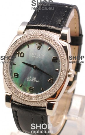 Rolex Cellini Cestello Ladies Swiss Watch in Black Pearl Face Diamonds Bezel and Lugs