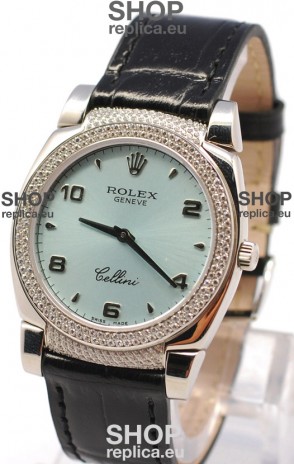 Rolex Cellini Cestello Ladies Swiss Watch in Blue Face Black Leather Strap Diamonds Bezel 