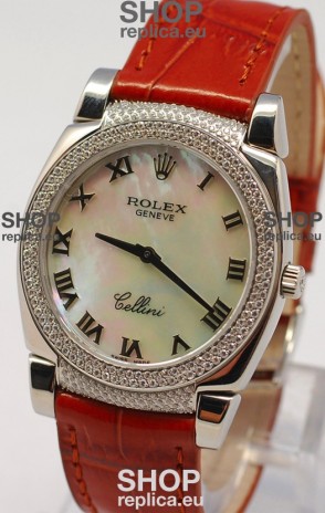 Rolex Cellini Cestello Ladies Swiss Watch in White Pearl Face Diamonds Bezel and Lugs