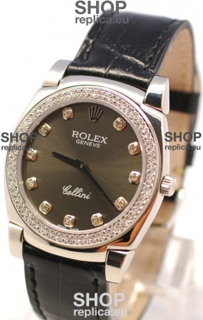 Rolex Cellini Cestello Ladies Swiss Watch in Matte Black Face and Diamond Markers