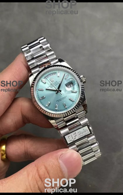Rolex Day Date Super Clone Stainless Steel Ice Blue Dial Crystal Numerals Watch 36MM - 1:1 Mirror Quality