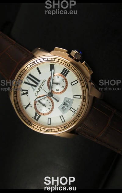 Calibre De Cartier Chronograph Japanese Replica Watch in Pink Gold