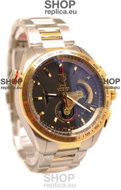 Tag Heuer Grand Carrera Calibre 36 Japanese Replica Two Tone Gold Watch in Black Dial