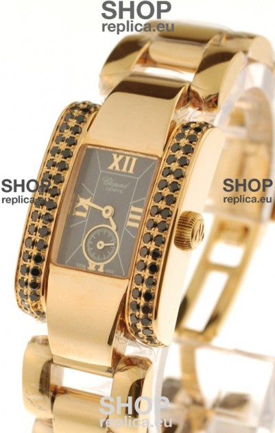 Chopard La Strada Swiss Ladies Replica Pink Gold Watch in Black Dial 