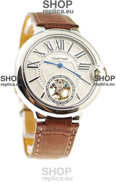 Ballon Bleu De Cartier flying Tourbillon Japanese Replica Steel Watch in Brown Strap