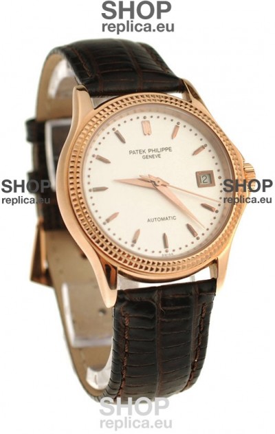 Patek Philippe Geneve Replica Pink Gold Watch in White Dial 
