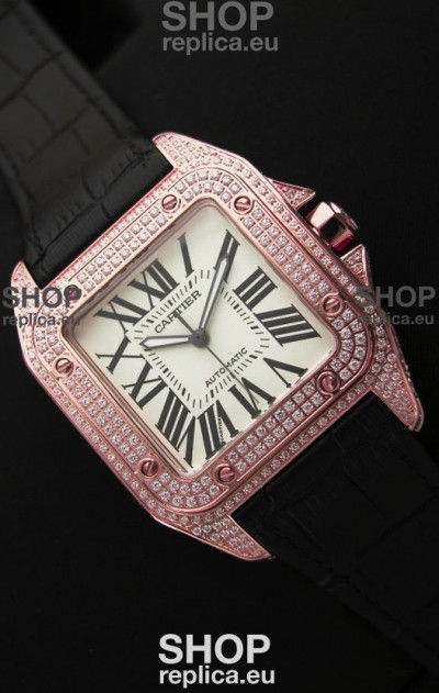 Cartier Santos 100 Swiss Automatic Replica Watch in Rose Gold