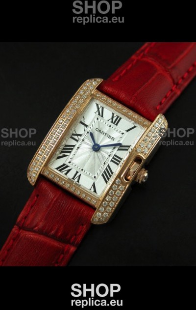 Cartier Louis Japanese Replica Ladies Rose Gold Diamond Watch in Red Strap